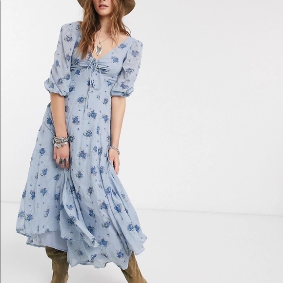 Free People Dresses & Skirts - Free People Pale Blue Floral Tie-Front Midi Dress